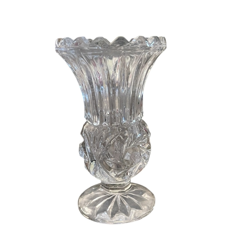 Vintage 1960's Crystal Clear Small Lead Crystal Pinwheel Bud Vase 4.5”